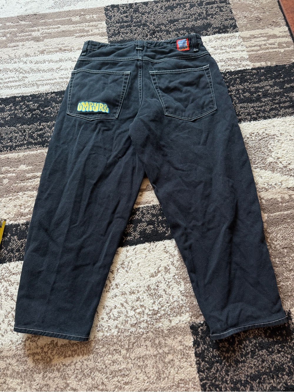 women’s baggy skater Empyre Relaxed Black Jeans with Back Pocket Patch